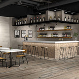 modern wine bar with wood look tile throughout