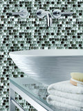 silver glass mosaics tile as bathroom wall with sink