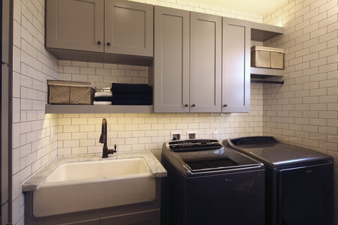 arctic white daltile subway 3x6 in a laundry room with modern appliances