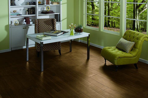 natural wood tile shown on office floor, dark natural looking wood tile