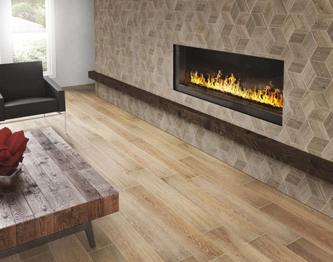 wood look tile with cube mosaic on fireplace in a living room.