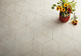 white wood look cube mosaic porcelain tile on the floor with flower pot.