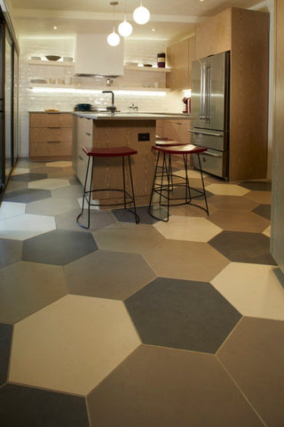 hexagon tile with a mix of ivory, taupe, ash grey, and grey in modern kitchen.