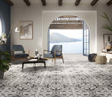 Gray paint pattern porcelain tile on the floor of a villa with sea view and modern furniture.