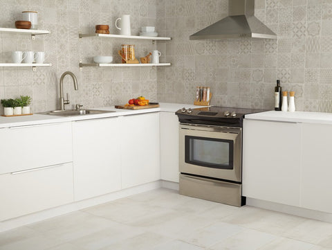 Grey Modern Hearth Daltile on floor and backsplash of modern kitchen