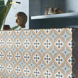 Reverie 10 porcelain pattern tile on a backsplash shelf with items on top